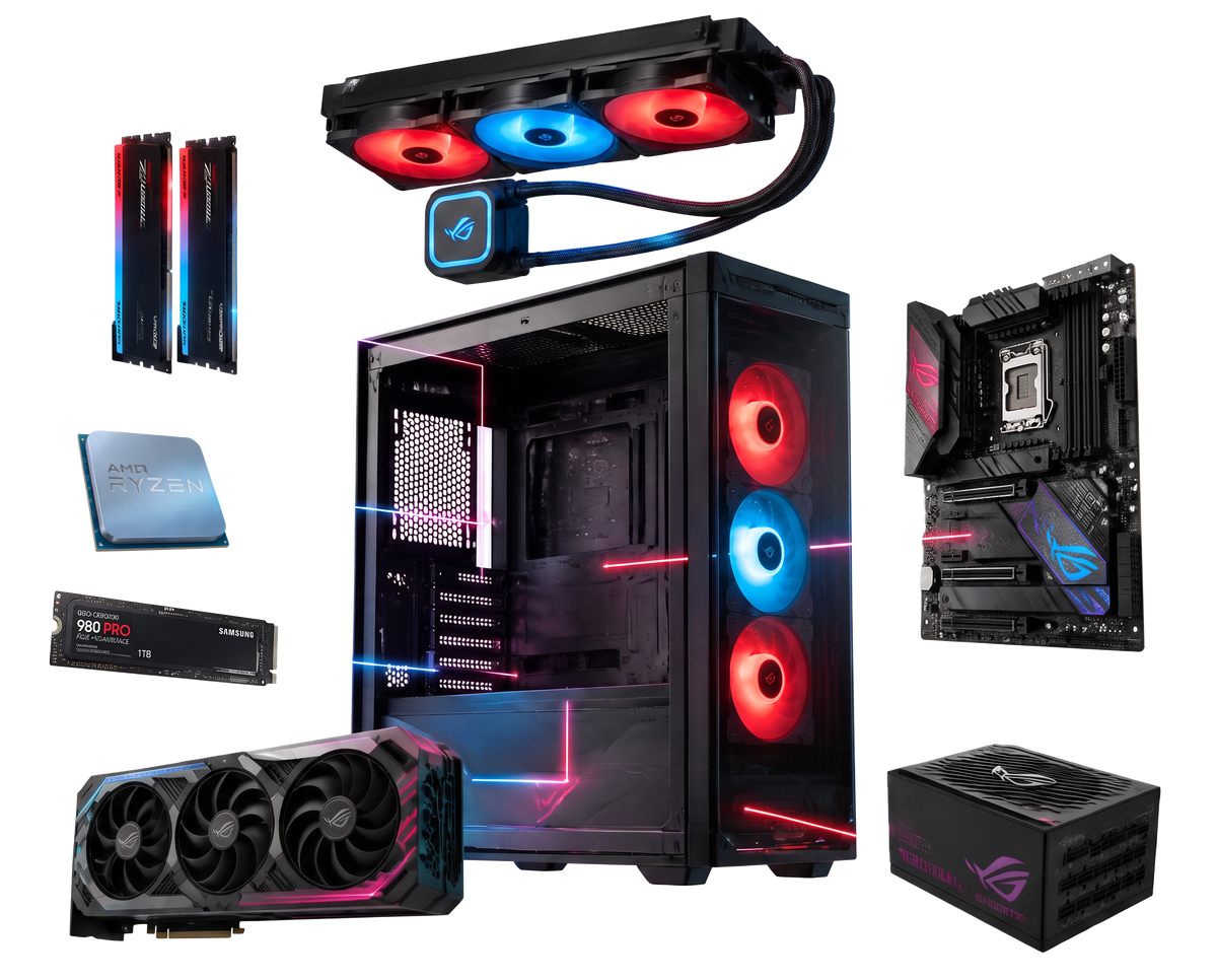 Vista isométrica explosionada de una computadora gamer, con el case y componentes (case, water cooler, RAM, procesador, SSD, GPU, motherboard, fuente) separados y conectados por líneas de luz azul y roja
